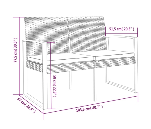 Banco de jardín 2 plazas con cojines PP aspecto de ratán marrón