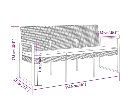 vidaXL Banco de jardín de 3 plazas con cojines PP aspecto ratán negro