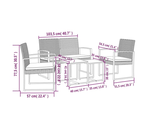 Set comedor jardín 5 pzas cojines PP aspecto ratán gris oscuro