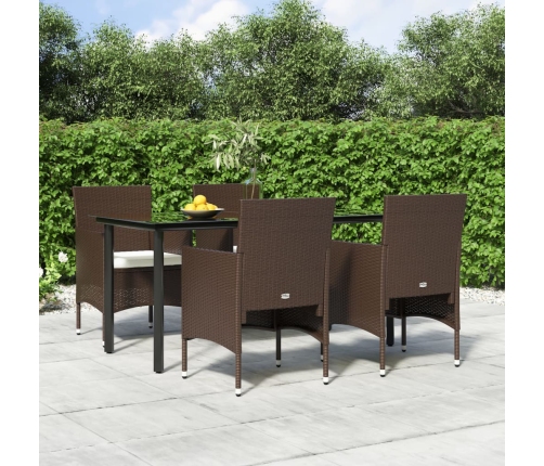 Juego de comedor de jardín 5 piezas con cojines marrón y negro