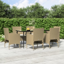 Juego de comedor de jardín 7 piezas con cojines beige y negro