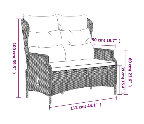 vidaXL Banco de jardín de 2 plazas con cojines ratán sintético marrón