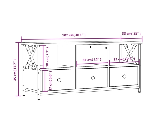 vidaXL Mueble TV hierro madera contrachapada roble ahumado 102x33x45cm