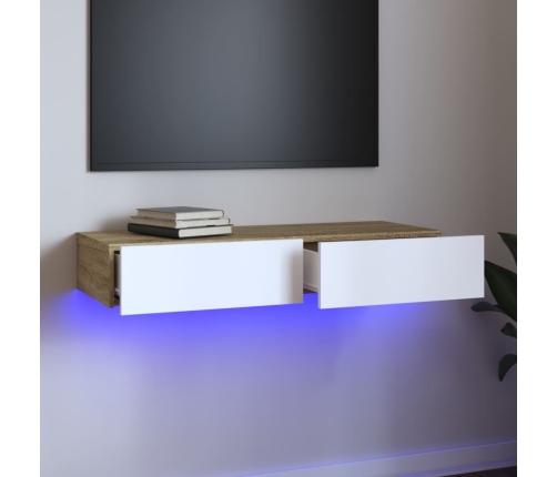 Mueble de TV con luces LED blanco y roble Sonoma 90x35x15,5 cm