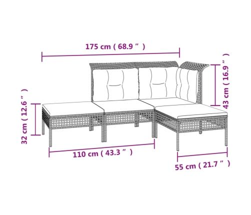 Set de muebles de jardín 4 pzas y cojines ratán sintético gris
