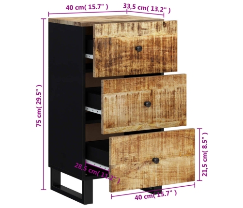 Aparador con 3 cajones hierro madera maciza mango 40x33,5x75 cm