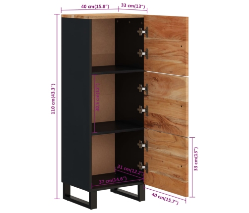 Aparador con 3 puertas hierro madera maciza acacia 40x33x110 cm