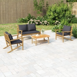 Set de muebles de jardín 4 piezas bambú con cojines gris oscuro