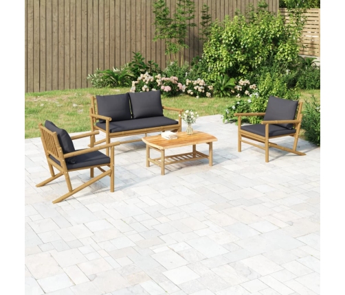 Set de muebles de jardín 4 piezas bambú con cojines gris oscuro