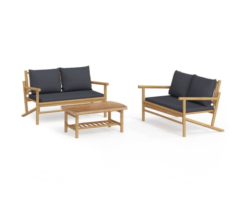 Set de muebles de jardín 3 piezas bambú con cojines gris oscuro