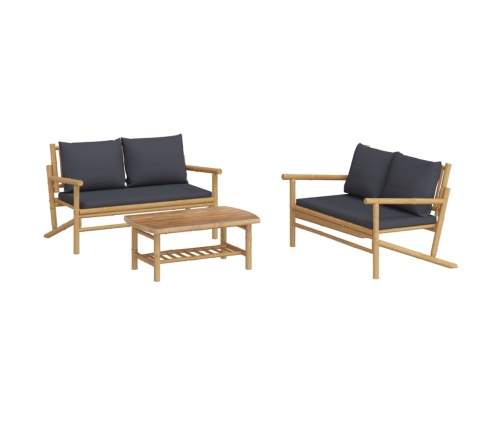 Set de muebles de jardín 3 piezas bambú con cojines gris oscuro