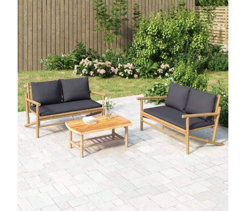 Set de muebles de jardín 3 piezas bambú con cojines gris oscuro