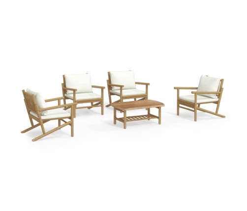 Set de muebles de jardín 5 piezas bambú y cojines blanco crema
