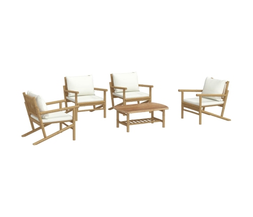 Set de muebles de jardín 5 piezas bambú y cojines blanco crema
