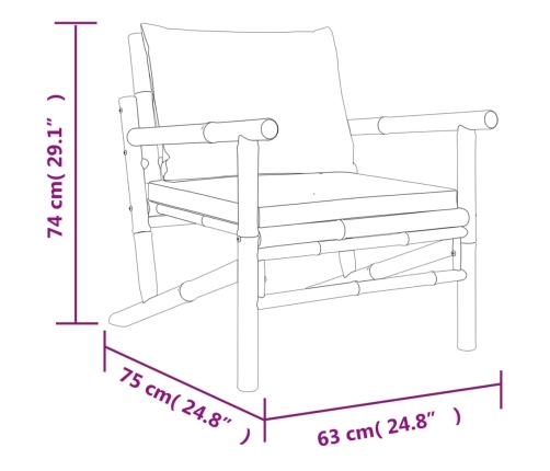Set de muebles de jardín 5 piezas bambú y cojines blanco crema