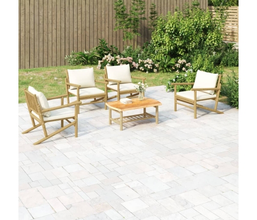 Set de muebles de jardín 5 piezas bambú y cojines blanco crema