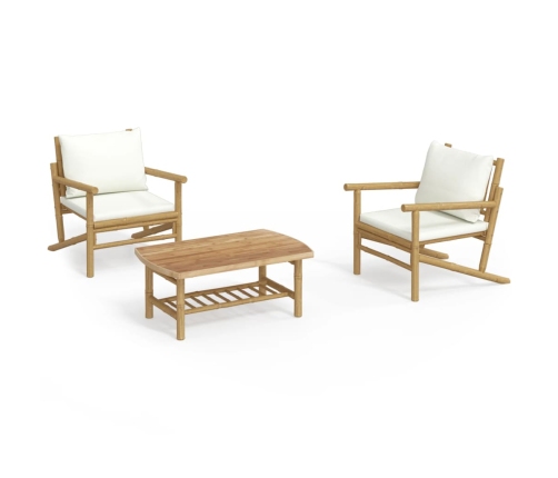 Set de muebles de jardín 3 piezas bambú y cojines blanco crema