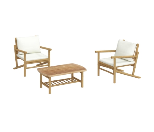 Set de muebles de jardín 3 piezas bambú y cojines blanco crema