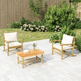 Set de muebles de jardín 3 piezas bambú y cojines blanco crema