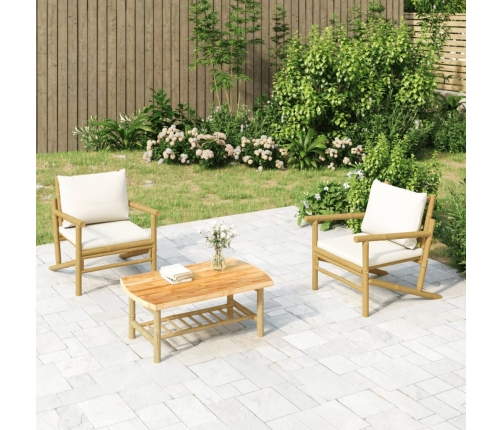 Set de muebles de jardín 3 piezas bambú y cojines blanco crema