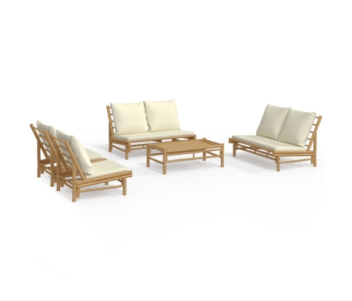 Set de muebles de jardín 5 piezas bambú y cojines blanco crema