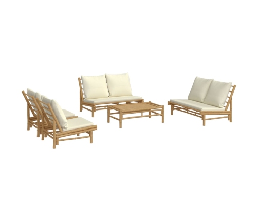 Set de muebles de jardín 5 piezas bambú y cojines blanco crema