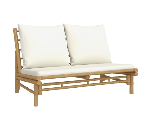 Set de muebles de jardín 5 piezas bambú y cojines blanco crema
