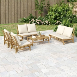 Set de muebles de jardín 5 piezas bambú y cojines blanco crema