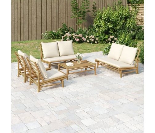 Set de muebles de jardín 5 piezas bambú y cojines blanco crema