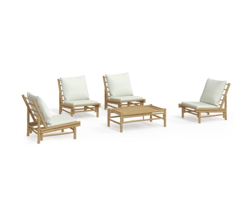 Set de muebles de jardín 5 piezas bambú y cojines blanco crema