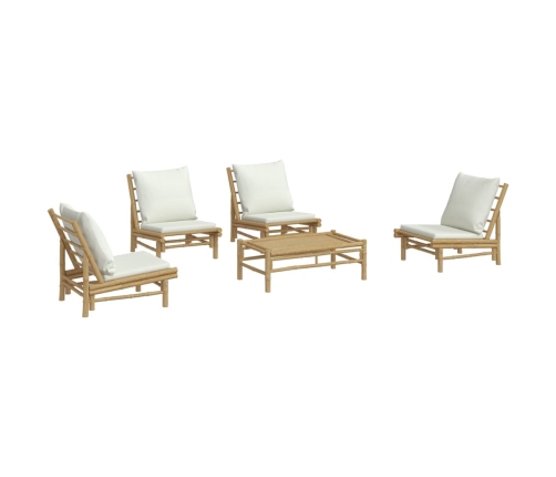 Set de muebles de jardín 5 piezas bambú y cojines blanco crema