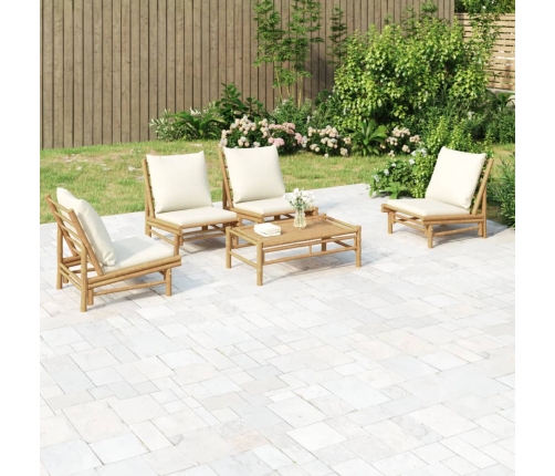 Set de muebles de jardín 5 piezas bambú y cojines blanco crema