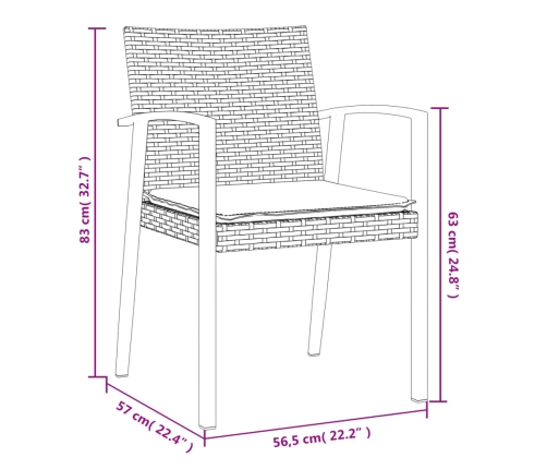 Sillas jardín cojines 2 uds ratán sintético marrón 56,5x57x83cm