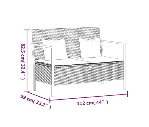 Banco de jardín de 2 plazas con cojines ratán sintético marrón