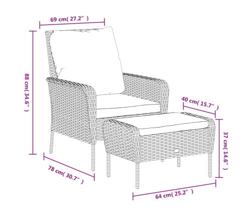 Sillón de jardín con reposapiés ratán sintético marrón claro