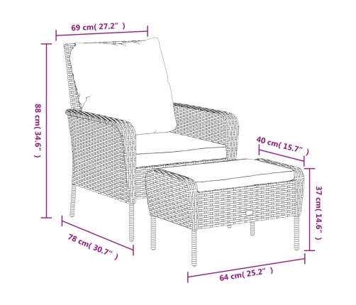 vidaXL Sillón de jardín con reposapiés ratán sintético negro