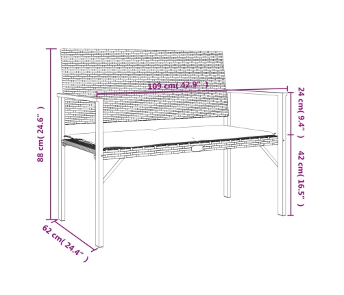 vidaXL Banco de jardín de 2 plazas con cojín ratán sintético gris