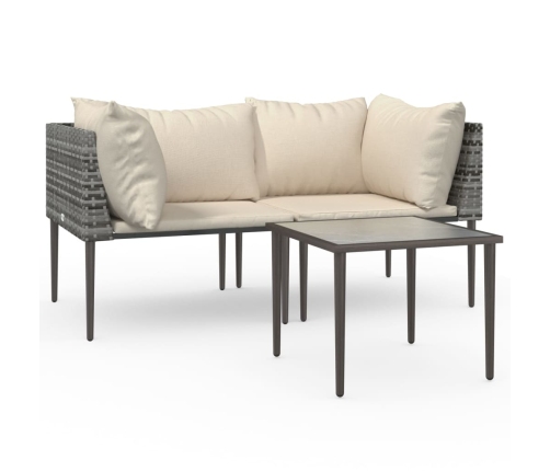 Set de muebles de jardín 3 pzas y cojines ratán sintético gris