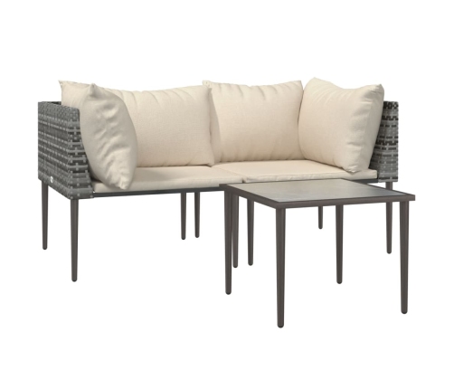 Set de muebles de jardín 3 pzas y cojines ratán sintético gris