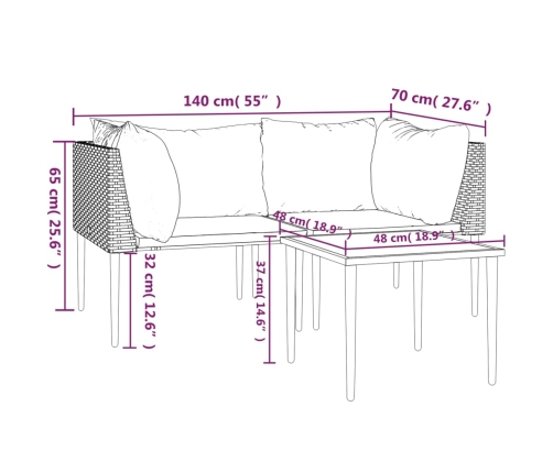 Set de muebles de jardín 3 pzas y cojines ratán sintético gris