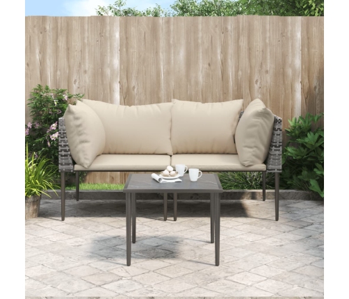 Set de muebles de jardín 3 pzas y cojines ratán sintético gris