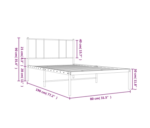 Estructura cama sin colchón con cabecero metal blanco 75x190 cm