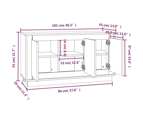 Aparador de madera contrachapada blanco brillante 102x35x55 cm