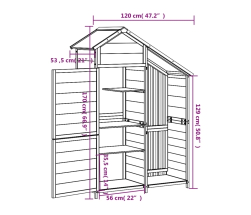 Cobertizo herramientas jardín madera pino gris 120x53,5x170 cm