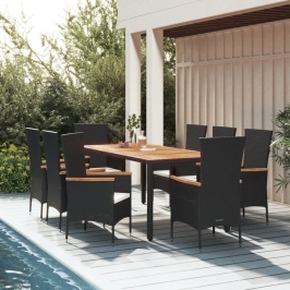 Set de comedor de jardín 9 pzas y cojines ratán sintético negro