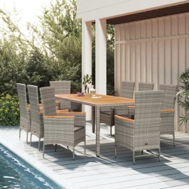 Set comedor jardín 9 pzas y cojines ratán sintético gris
