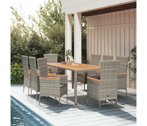Set comedor jardín 9 pzas y cojines ratán sintético gris