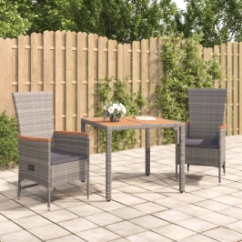 Set comedor de jardín 3 piezas con cojines ratán sintético gris
