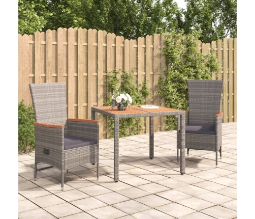 Set comedor de jardín 3 piezas con cojines ratán sintético gris
