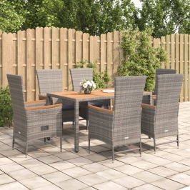 Set comedor jardín 7 pzas y cojines ratán sintético gris